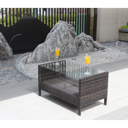 Outdoor Wicker Coffee Table with Tempered Glass – Patio Garden Furniture