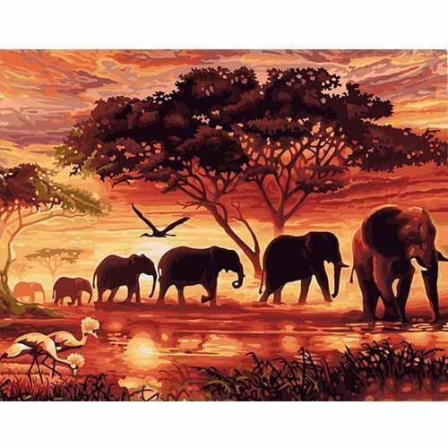 Elephant Sunset Paint by Numbers Kit – DIY Animal Wall Art Canvas