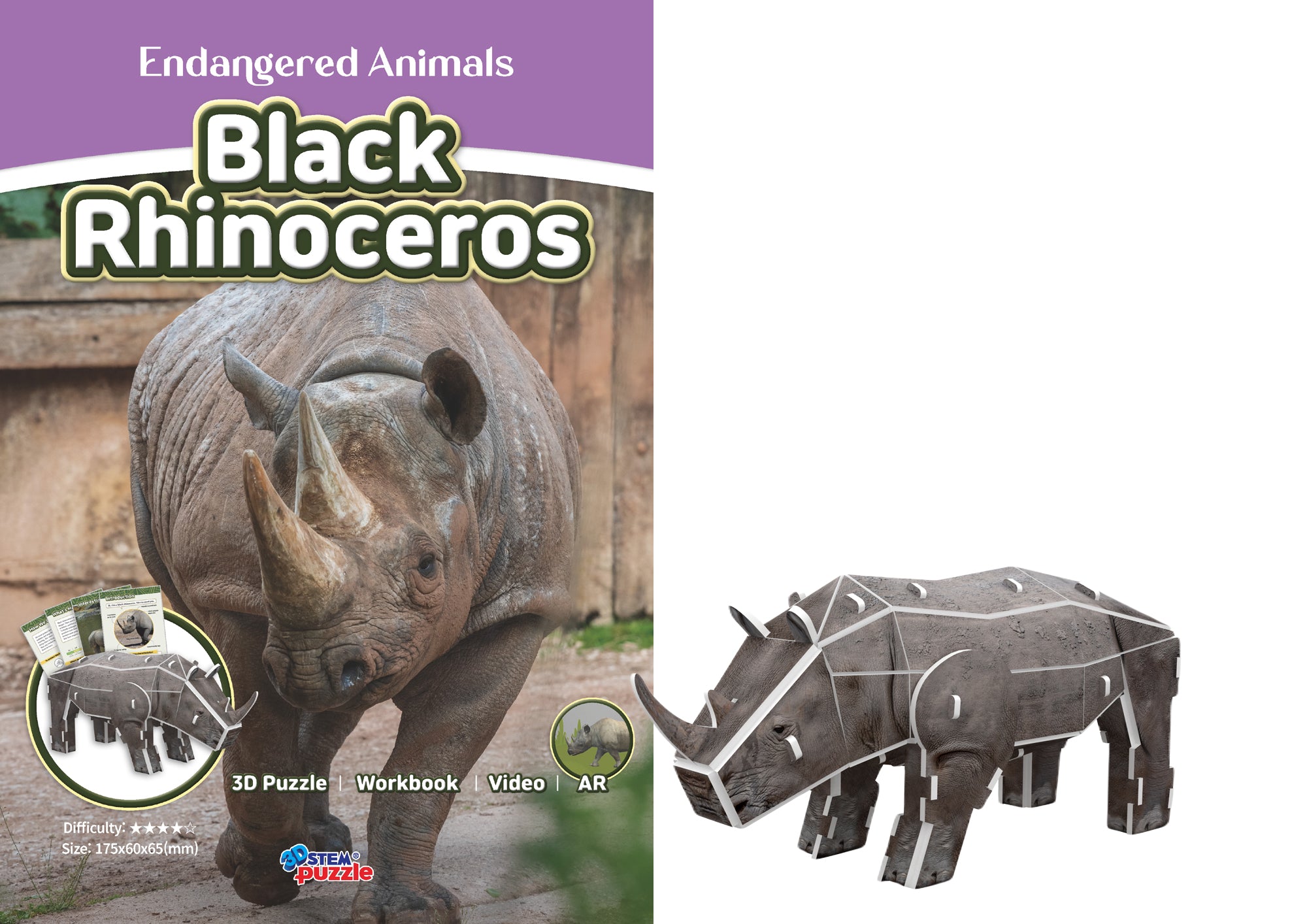 Black Rhinoceros 3D STEM Puzzle for Kids – Endangered Animals Educational Kit