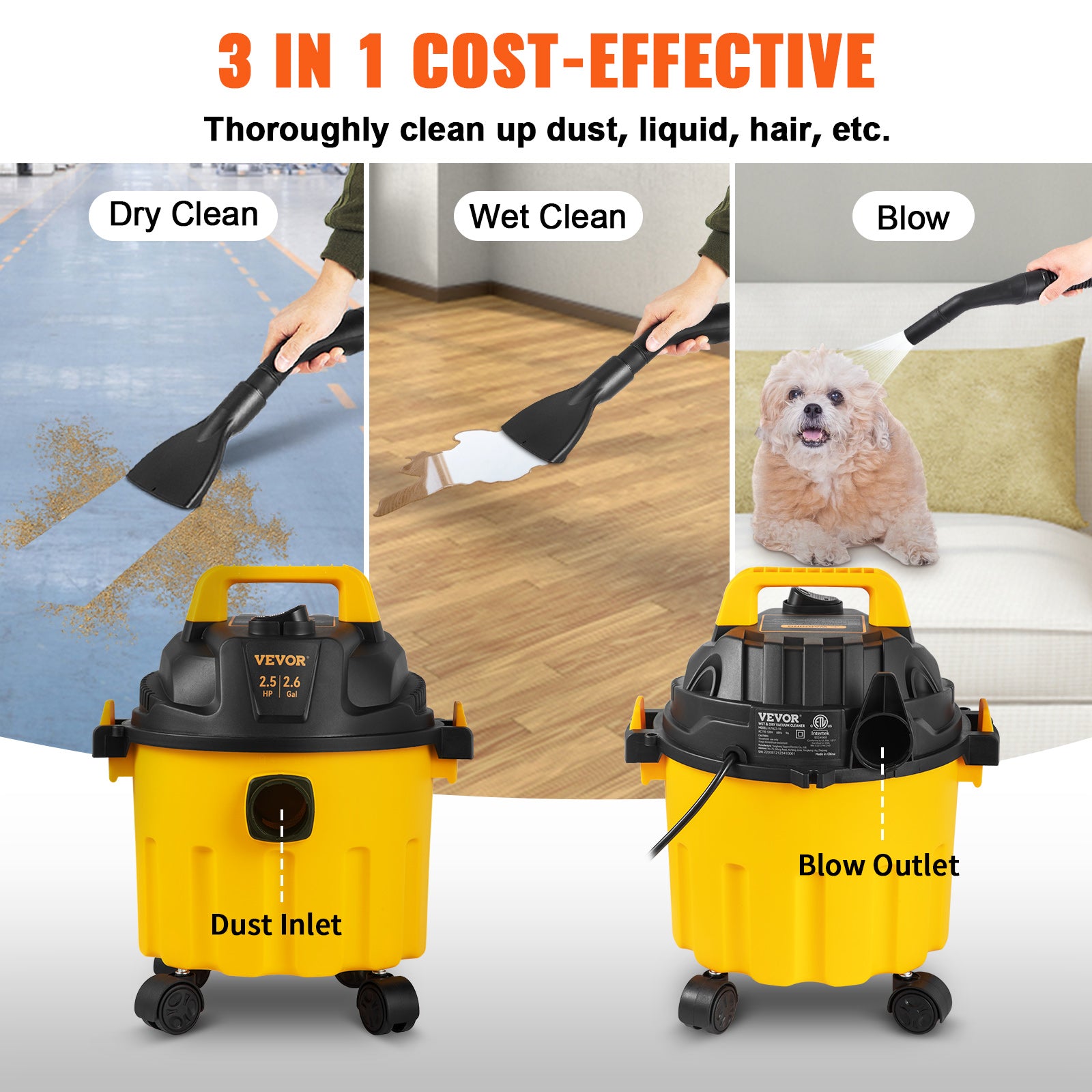 VEVOR Wet Dry Vac, 2.6 Gallon, 2.5 Peak HP, 3 In 1 Shop Vacuum With Blowing Function, Portable With Attachments To Clean Floor, Upholstery, Gap, Car, ETL Listed, Yellow