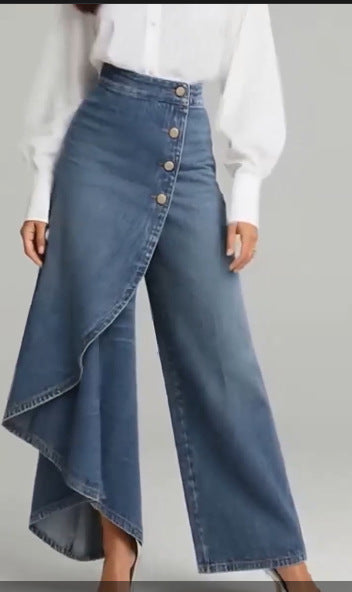High Waist Ruffle Wide Leg Jeans Pants