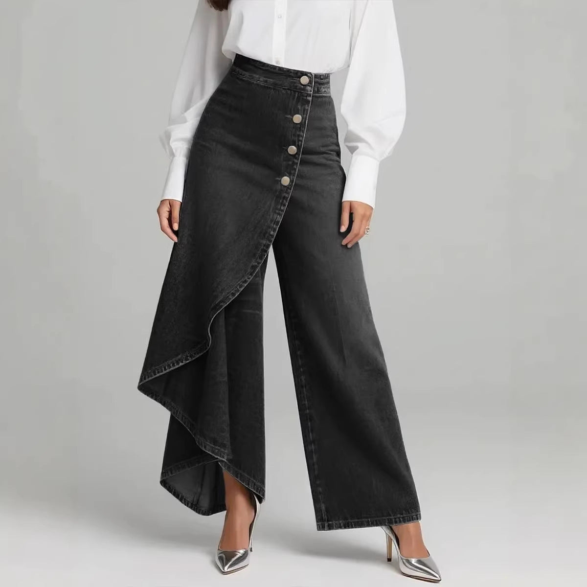 High Waist Ruffle Wide Leg Jeans Pants