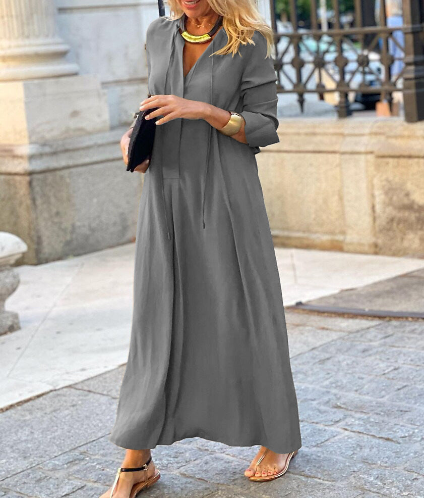 Women Long Sleeve Maxi Shirt Dress – Loose V Neck Casual Dress