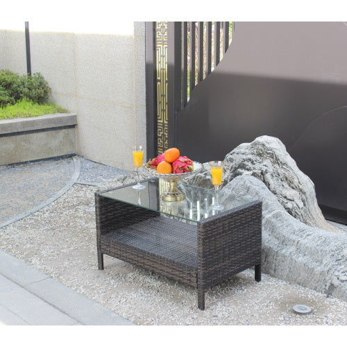 Outdoor Wicker Coffee Table with Tempered Glass – Patio Garden Furniture