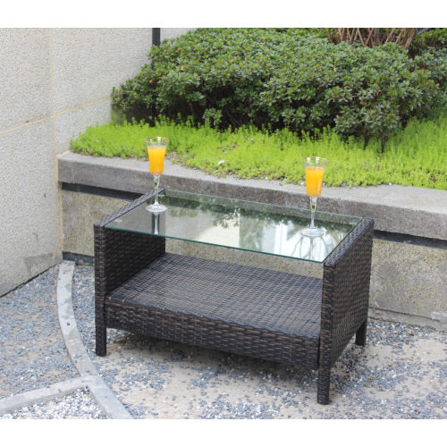 Outdoor Wicker Coffee Table with Tempered Glass – Patio Garden Furniture