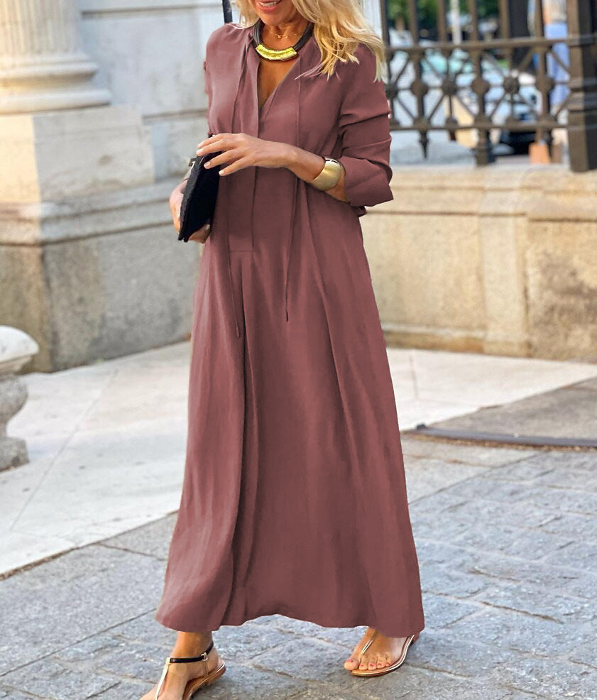 Women Long Sleeve Maxi Shirt Dress – Loose V Neck Casual Dress
