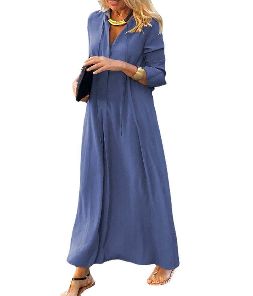 Women Long Sleeve Maxi Shirt Dress – Loose V Neck Casual Dress