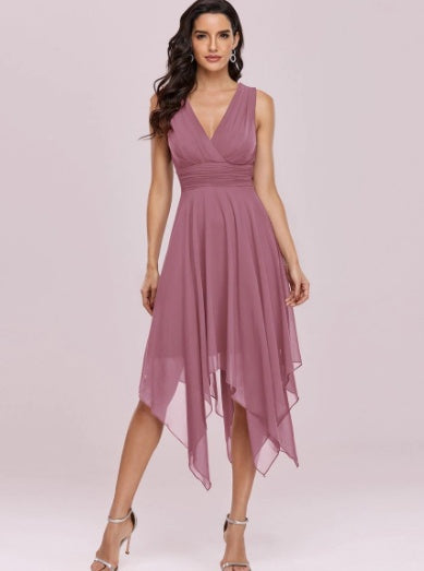 Elegant Burgundy Asymmetrical Dress – Summer Flowy Midi Dress for Women