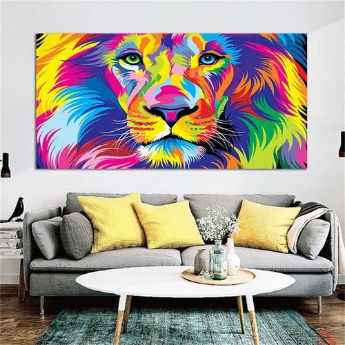 Colorful Lion Canvas Wall Art – Modern Animal Poster for Living Room Decor