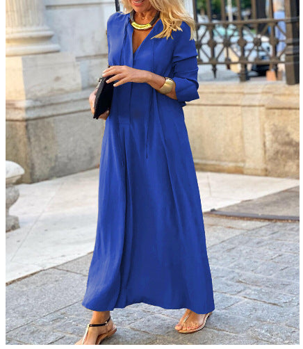 Women Long Sleeve Maxi Shirt Dress – Loose V Neck Casual Dress