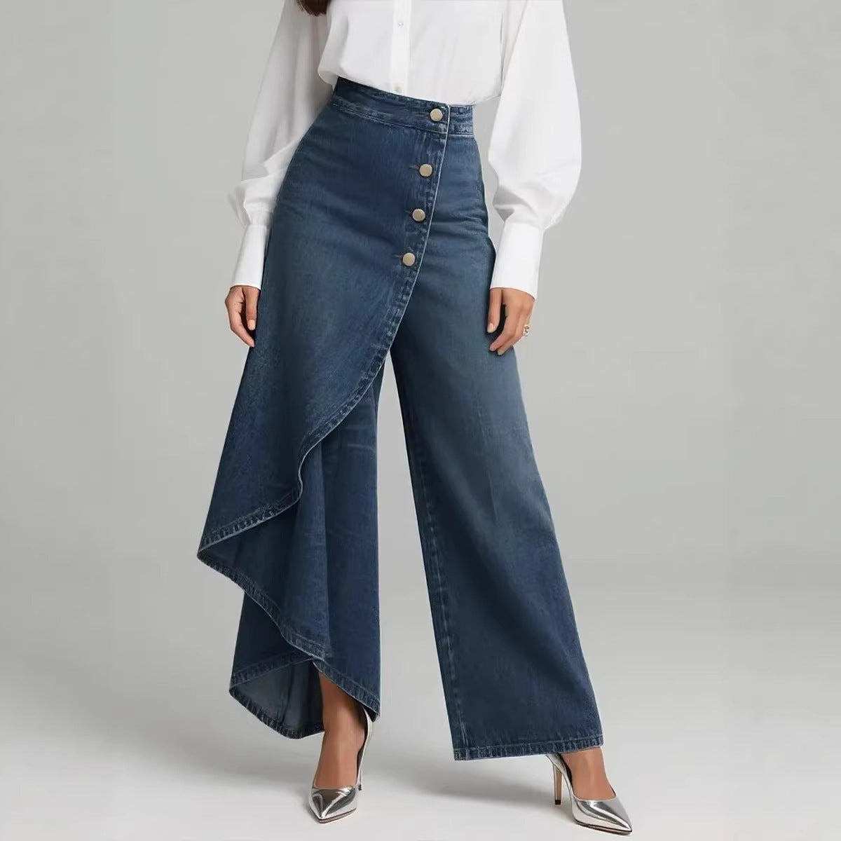 High Waist Ruffle Wide Leg Jeans Pants