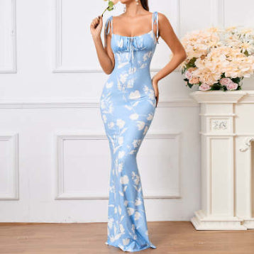 Waist-tight Floral Strap Dress Women