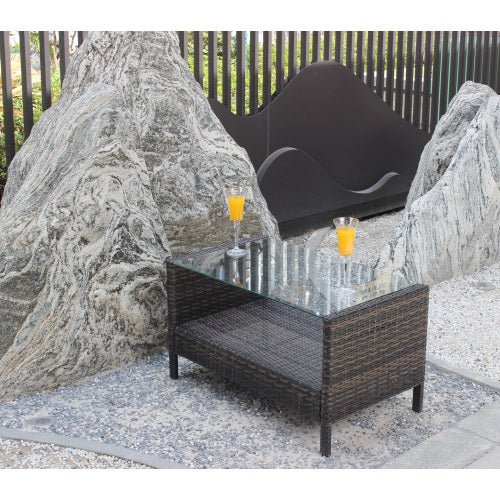 Outdoor Wicker Coffee Table with Tempered Glass – Patio Garden Furniture