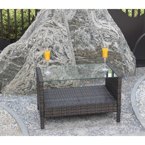 Outdoor Wicker Coffee Table with Tempered Glass – Patio Garden Furniture