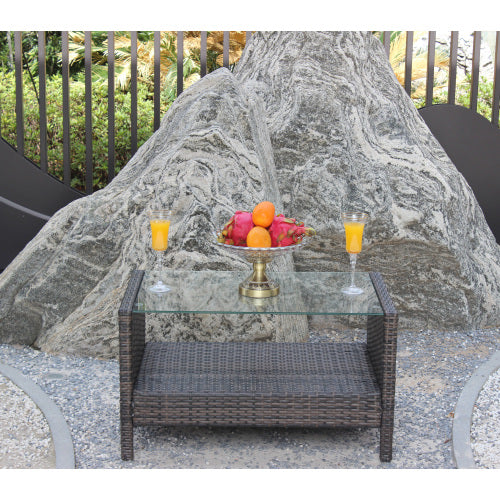 Outdoor Wicker Coffee Table with Tempered Glass – Patio Garden Furniture