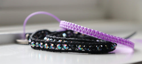 Black Crystal Wrap Bracelet Set – Handmade with Lilac Macrame Accent, Elegant Beaded Duo