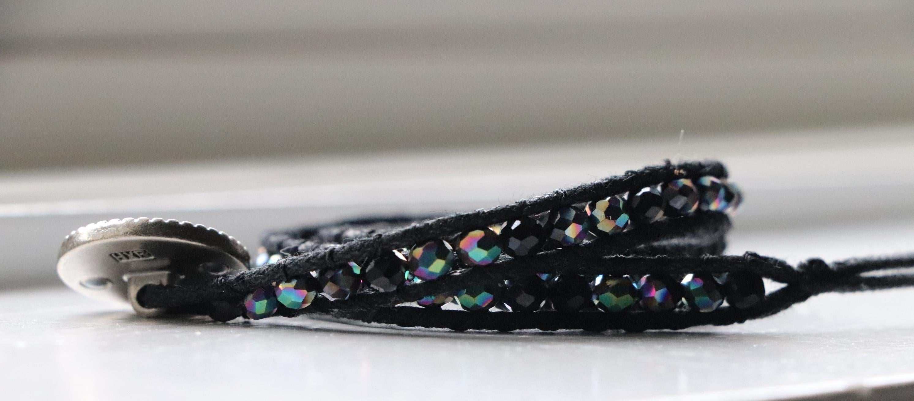 Black Crystal Wrap Bracelet Set – Handmade with Lilac Macrame Accent, Elegant Beaded Duo