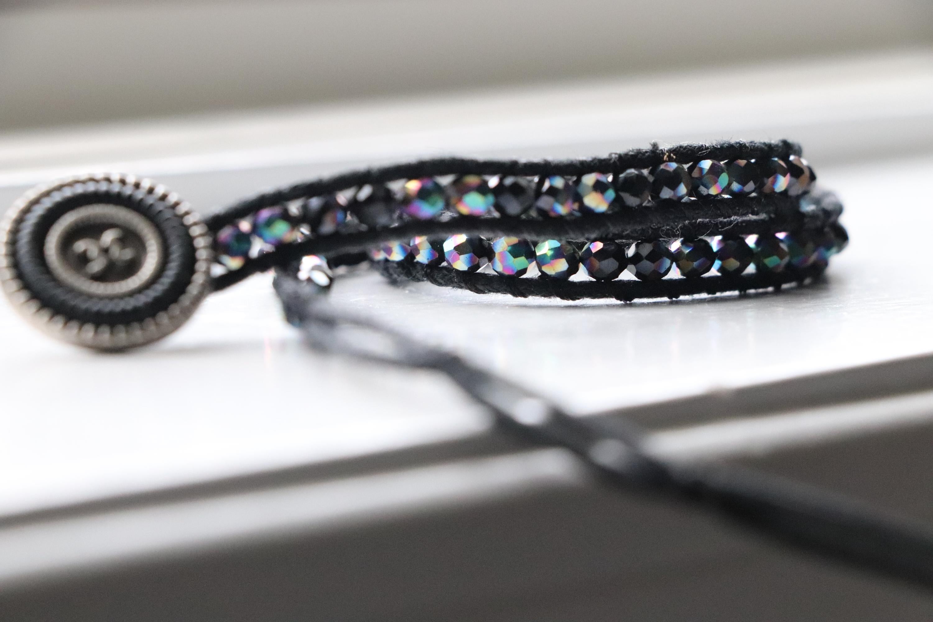 Black Crystal Wrap Bracelet Set – Handmade with Lilac Macrame Accent, Elegant Beaded Duo