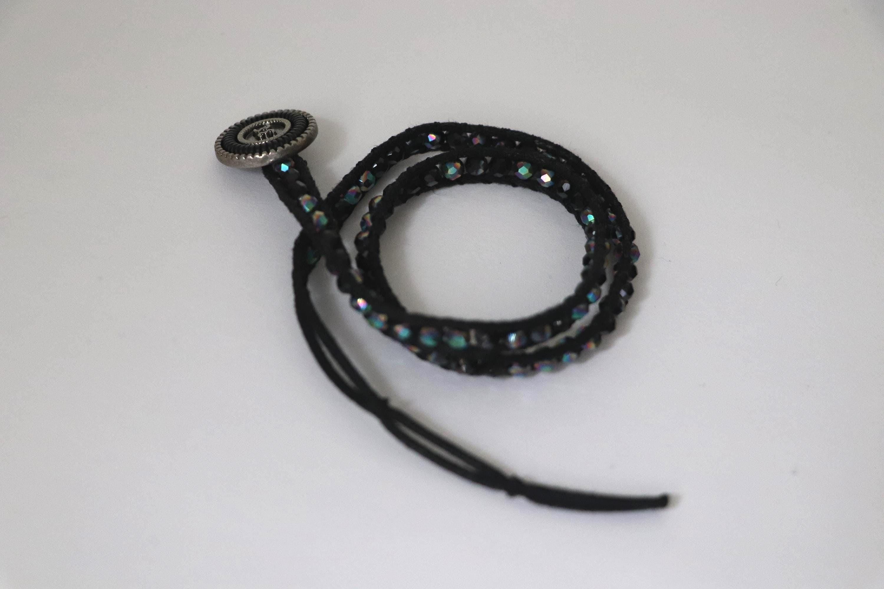 Black Crystal Wrap Bracelet Set – Handmade with Lilac Macrame Accent, Elegant Beaded Duo