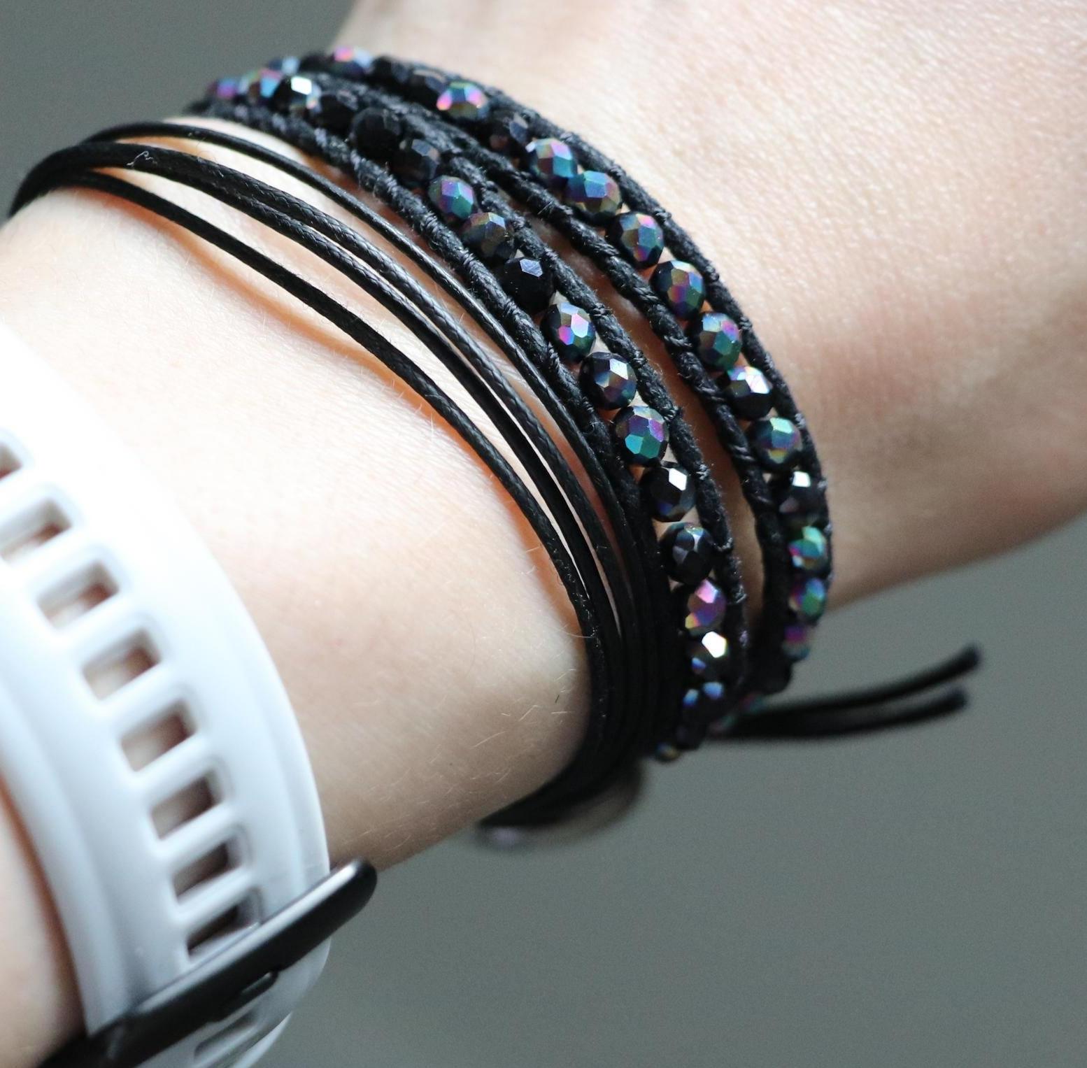 Black Crystal Wrap Bracelet Set – Handmade with Lilac Macrame Accent, Elegant Beaded Duo