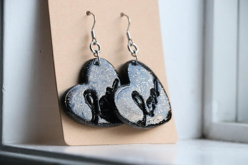 Black Glitter Heart Earrings