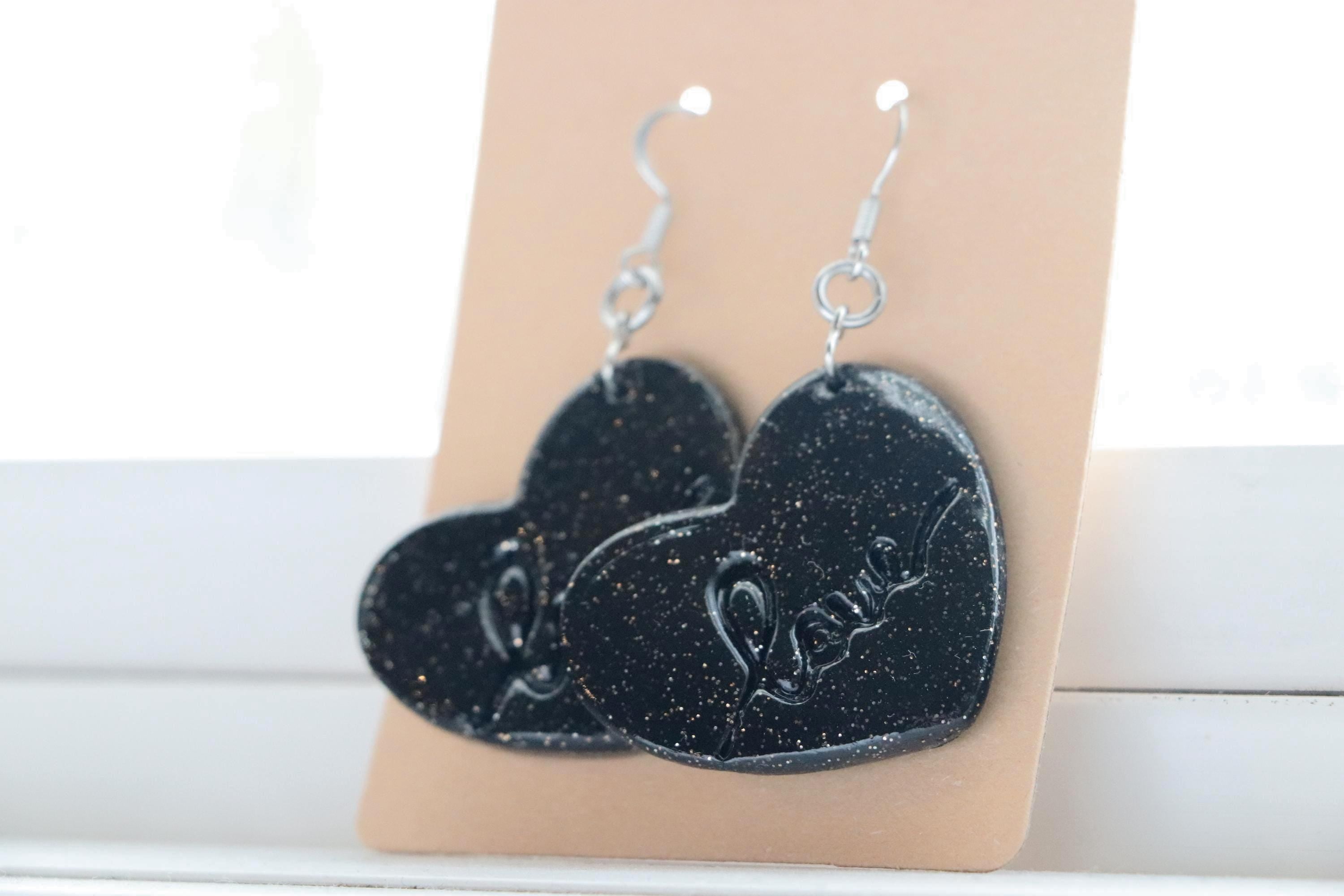 Black Glitter Heart Earrings