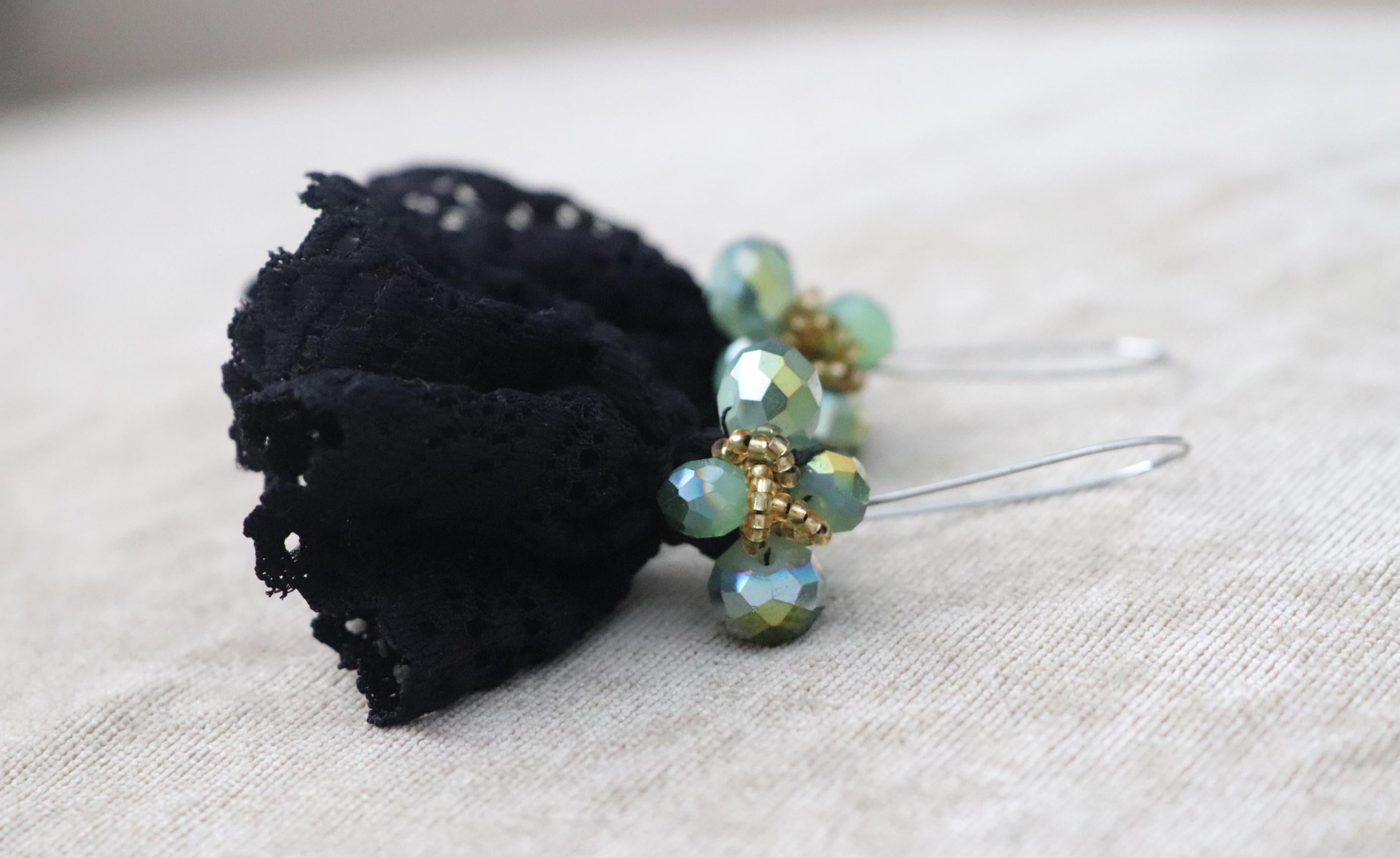 Black Lace and Green Crystal Dangle Earrings