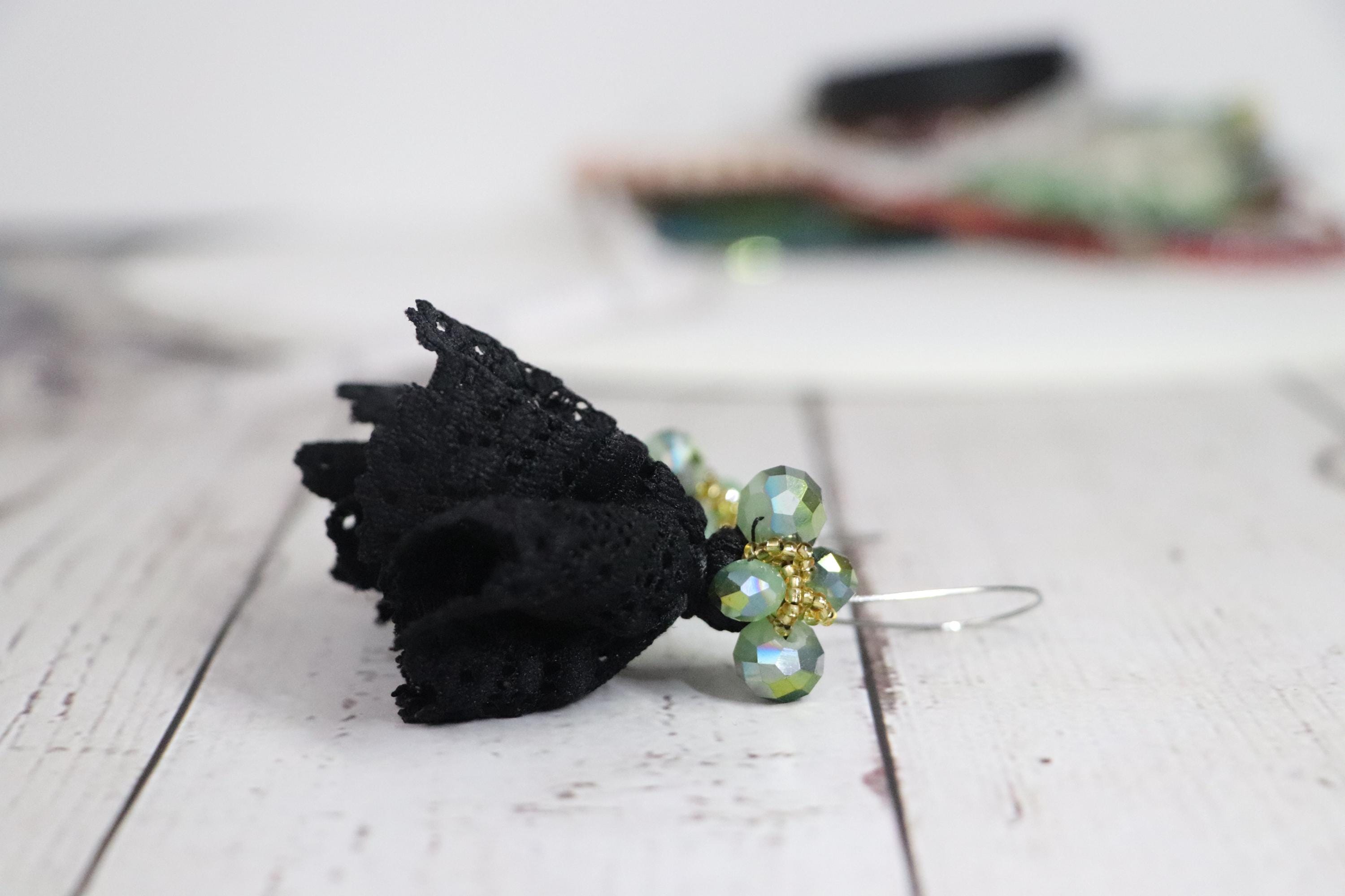 Black Lace and Green Crystal Dangle Earrings