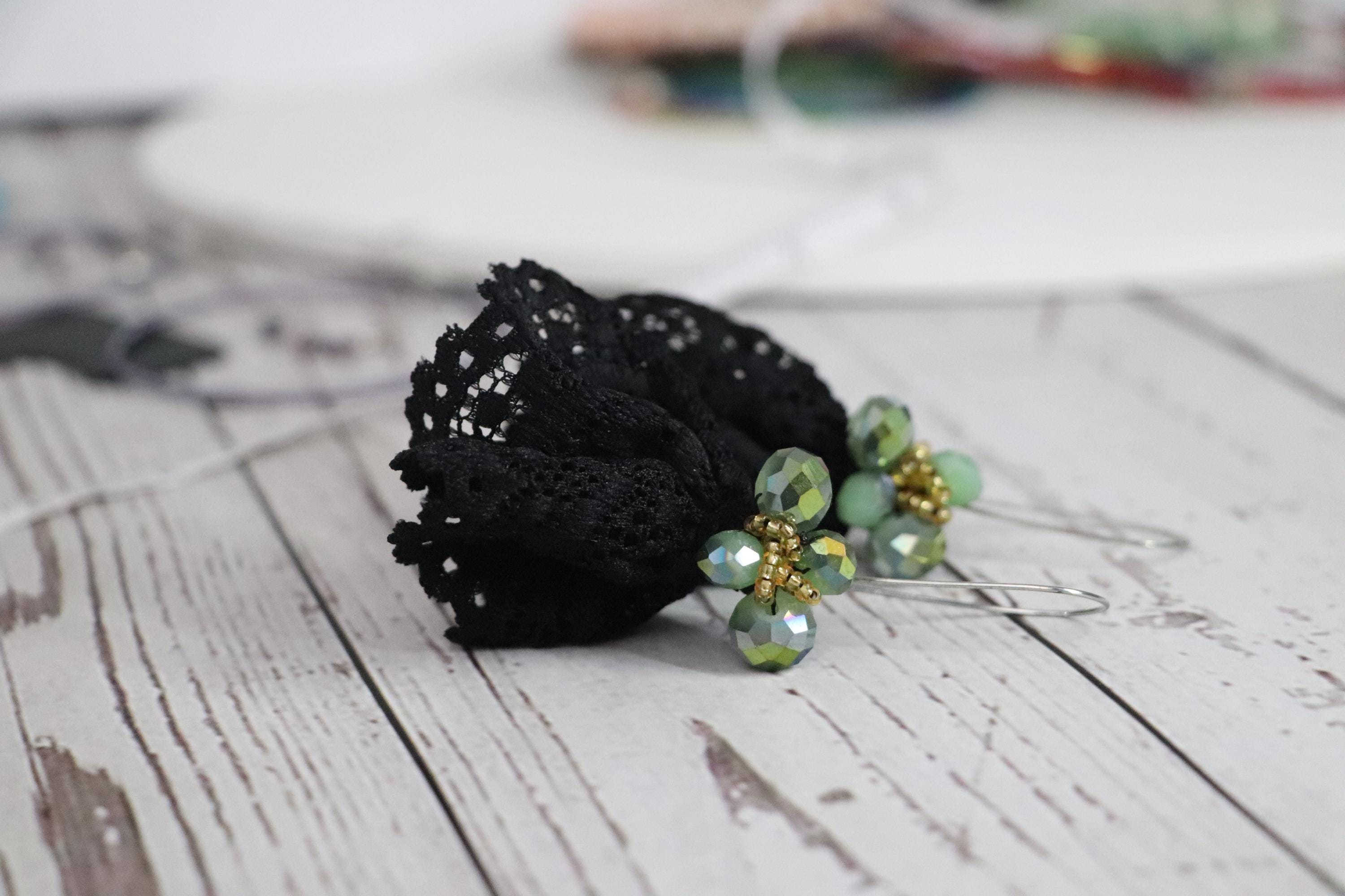 Black Lace and Green Crystal Dangle Earrings