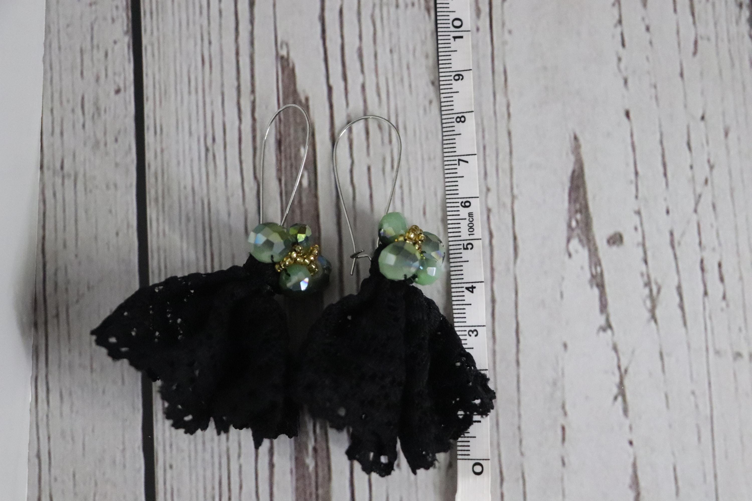 Black Lace and Green Crystal Dangle Earrings