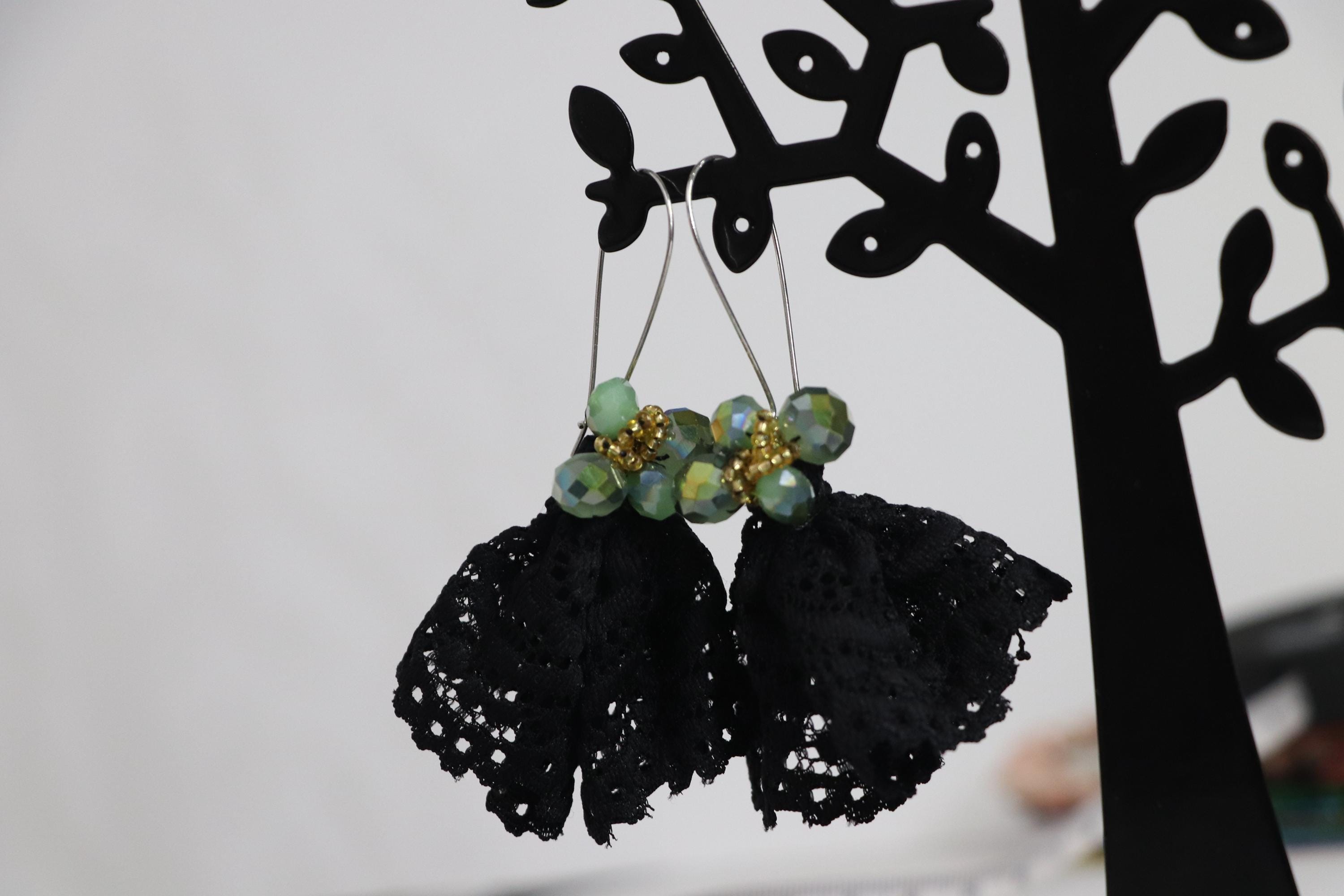 Black Lace and Green Crystal Dangle Earrings