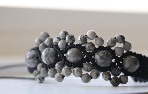 Black Macramé Bracelet with Gray Beads