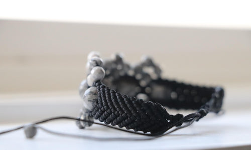 Black Macramé Bracelet with Gray Beads