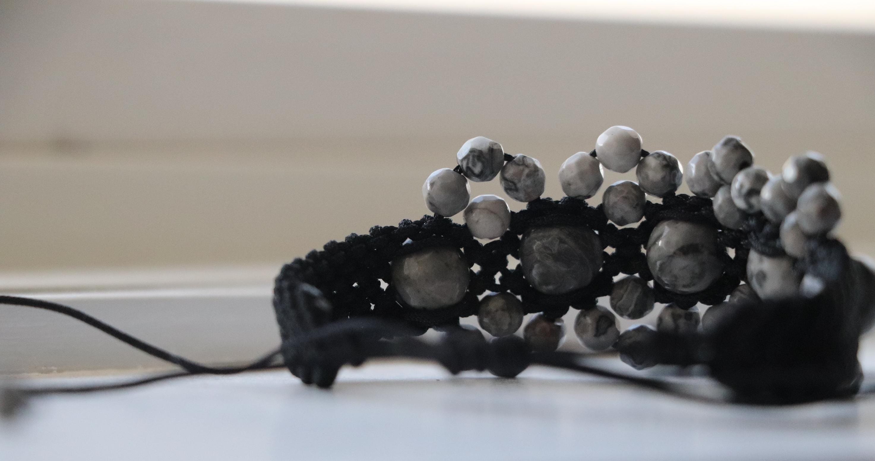 Black Macramé Bracelet with Gray Beads
