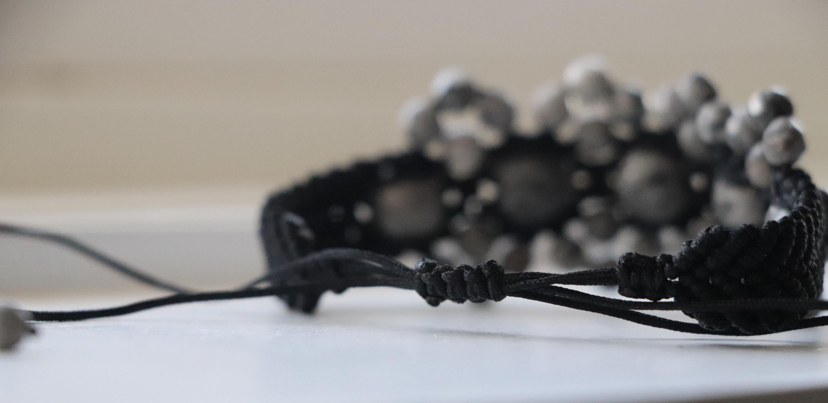 Black Macramé Bracelet with Gray Beads