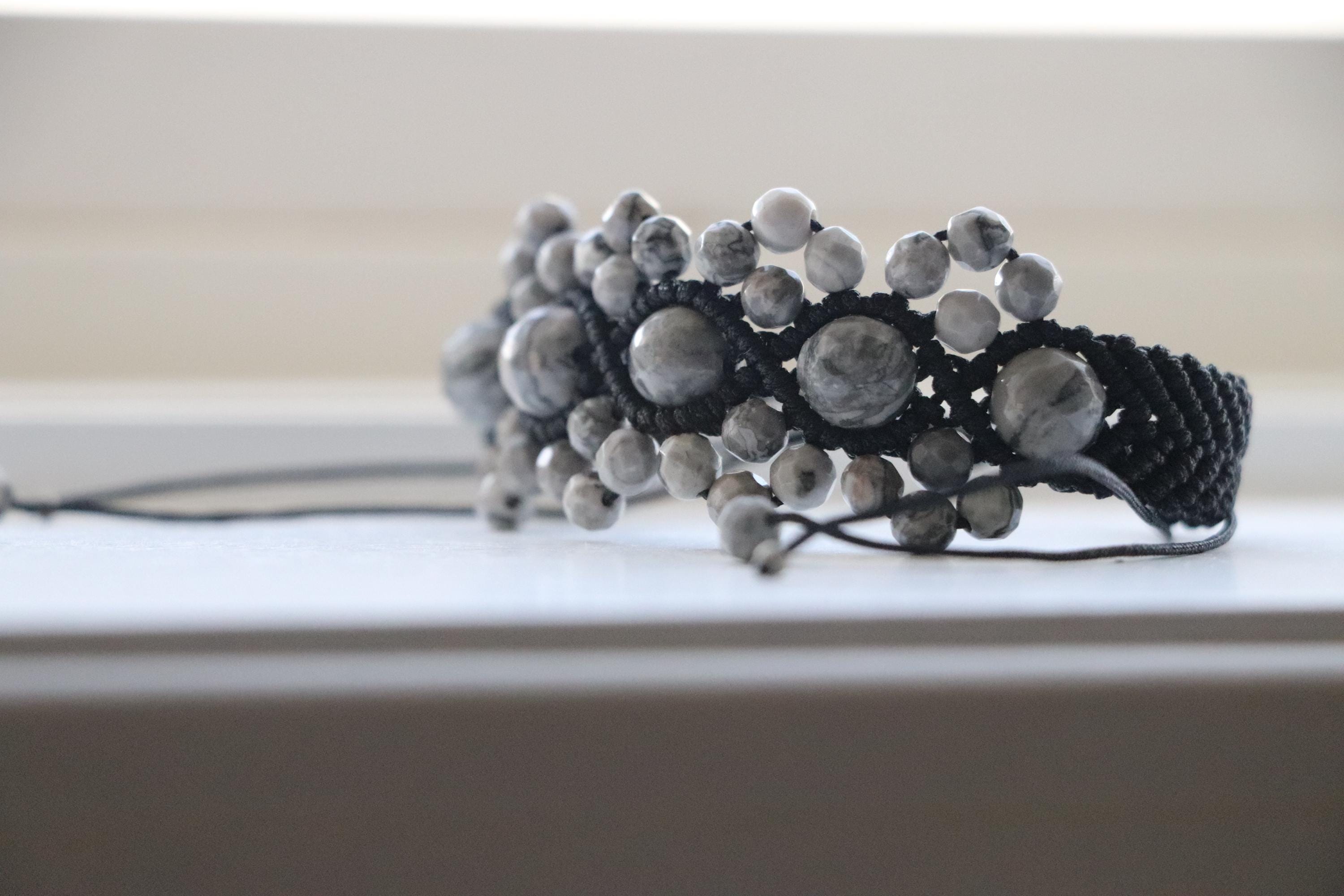 Black Macramé Bracelet with Gray Beads