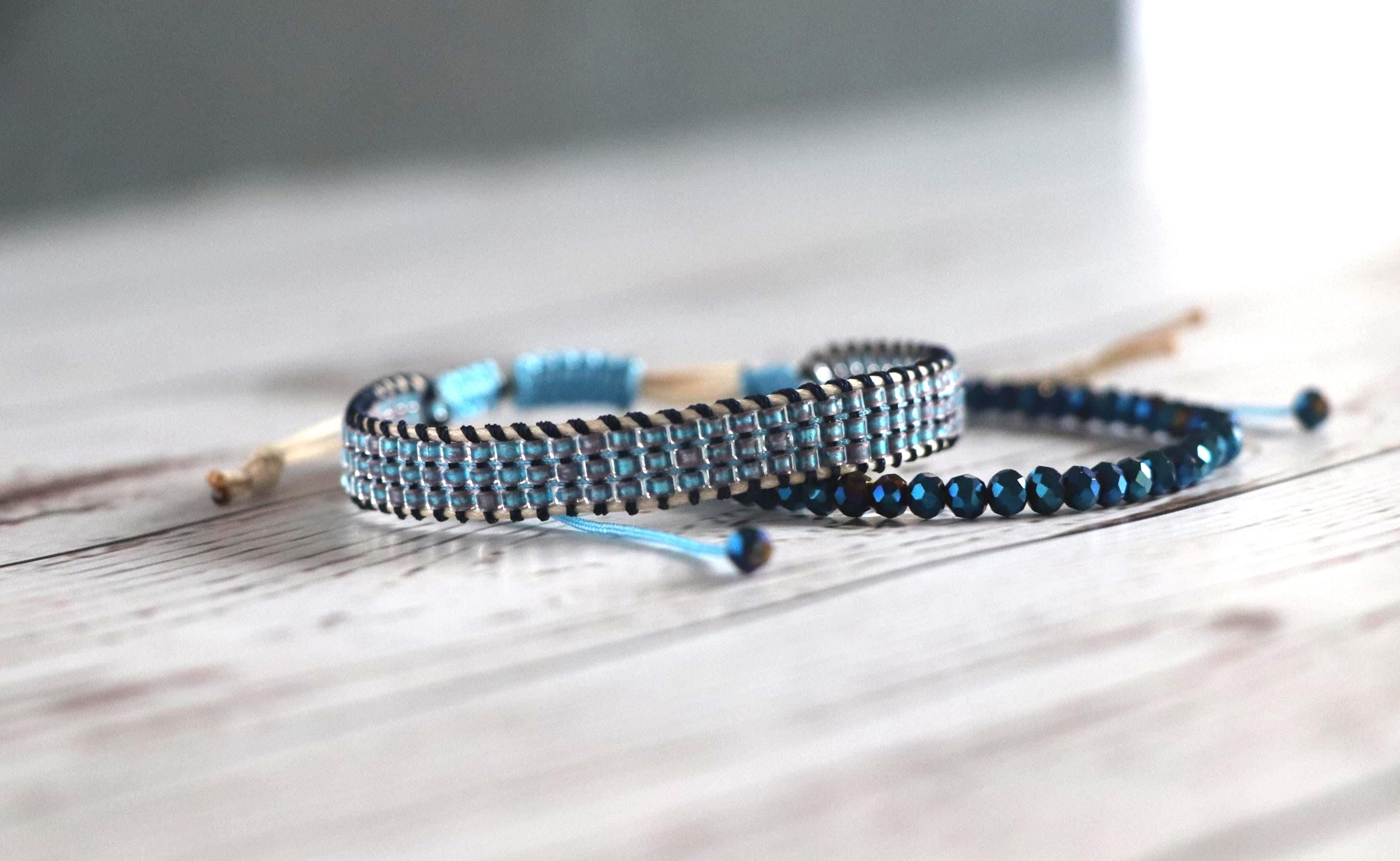 Blue Beaded Bracelet Set 02 – Handmade Needlework & Crystal Bracelet – 2-Piece Elegant Combo