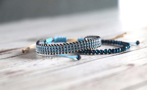 Blue Beaded Bracelet Set 02 – Handmade Needlework & Crystal Bracelet – 2-Piece Elegant Combo