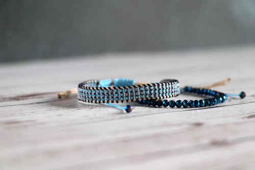 Blue Beaded Bracelet Set 02 – Handmade Needlework & Crystal Bracelet – 2-Piece Elegant Combo