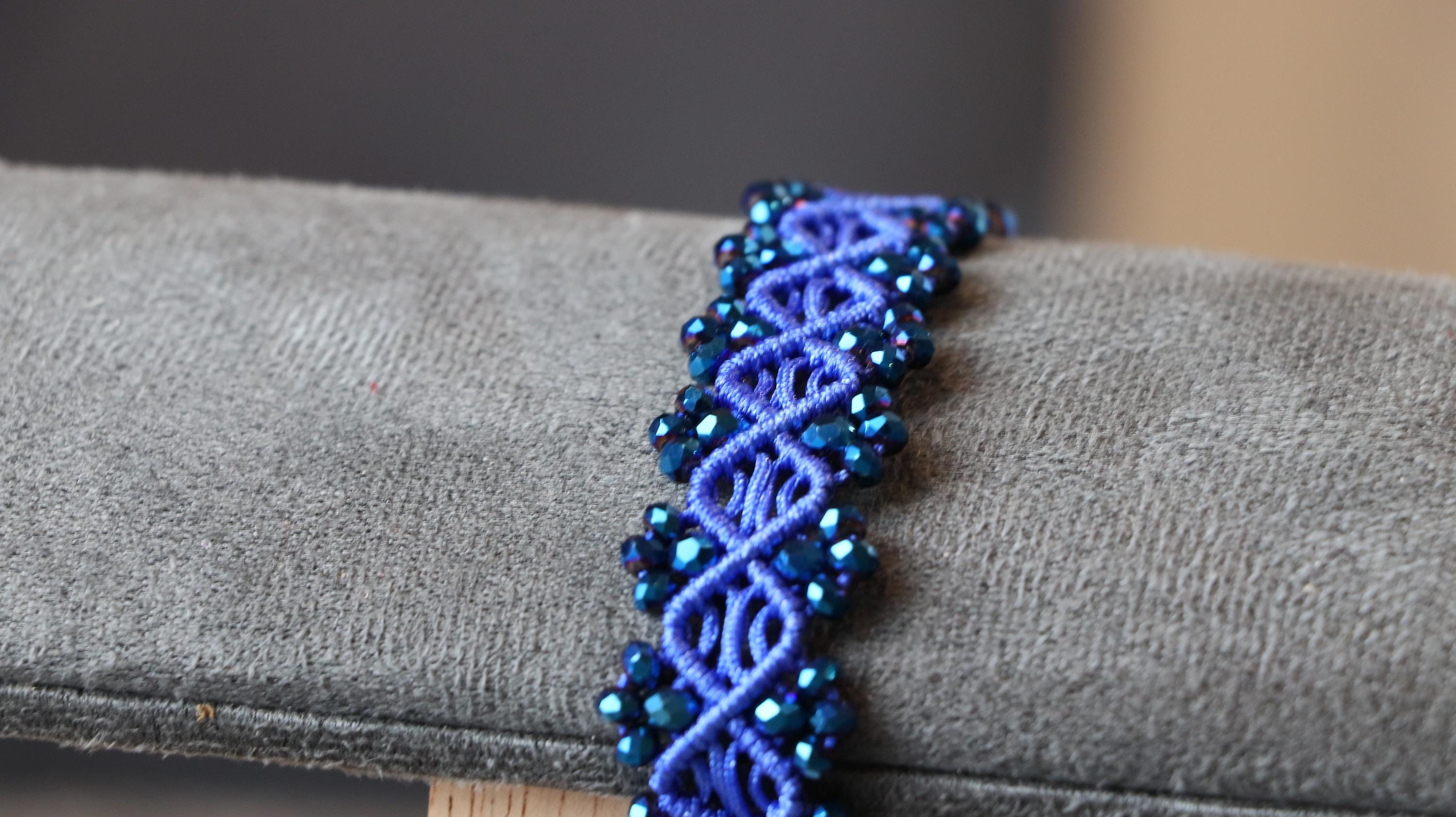 Blue Macrame Bracelet for Women with Dark Blue Crystal Beads