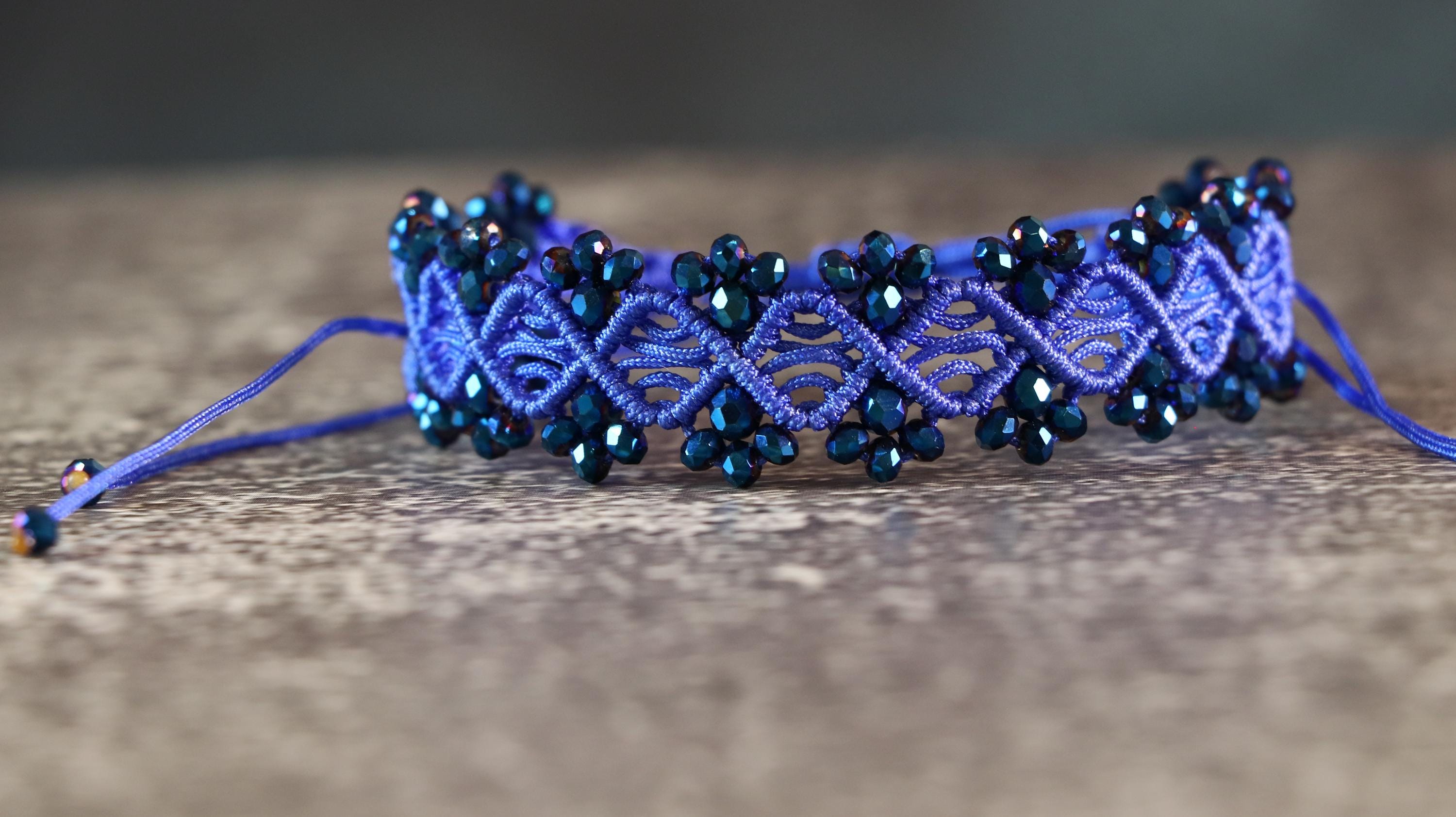 Blue Macrame Bracelet for Women with Dark Blue Crystal Beads