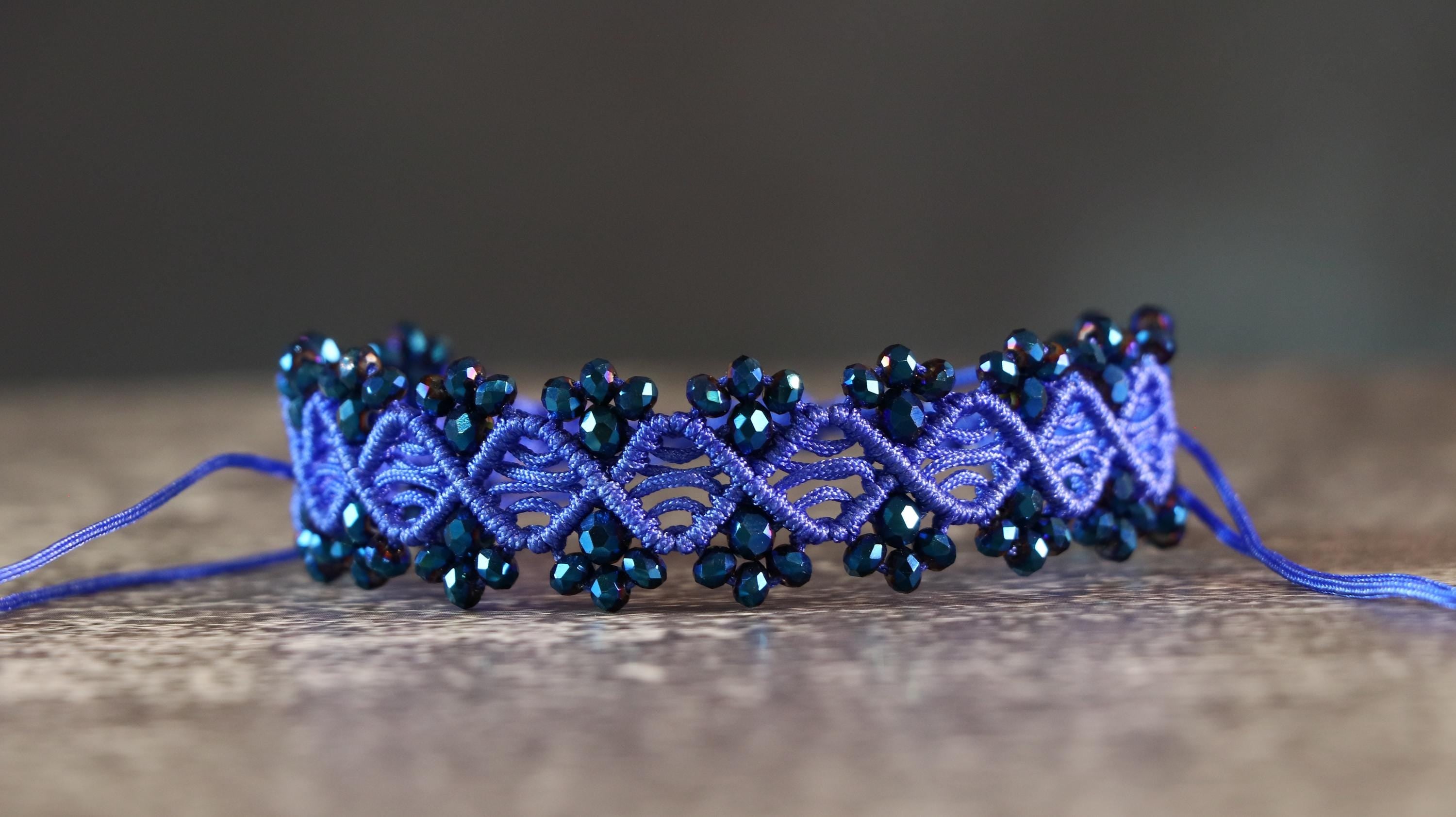 Blue Macrame Bracelet for Women with Dark Blue Crystal Beads