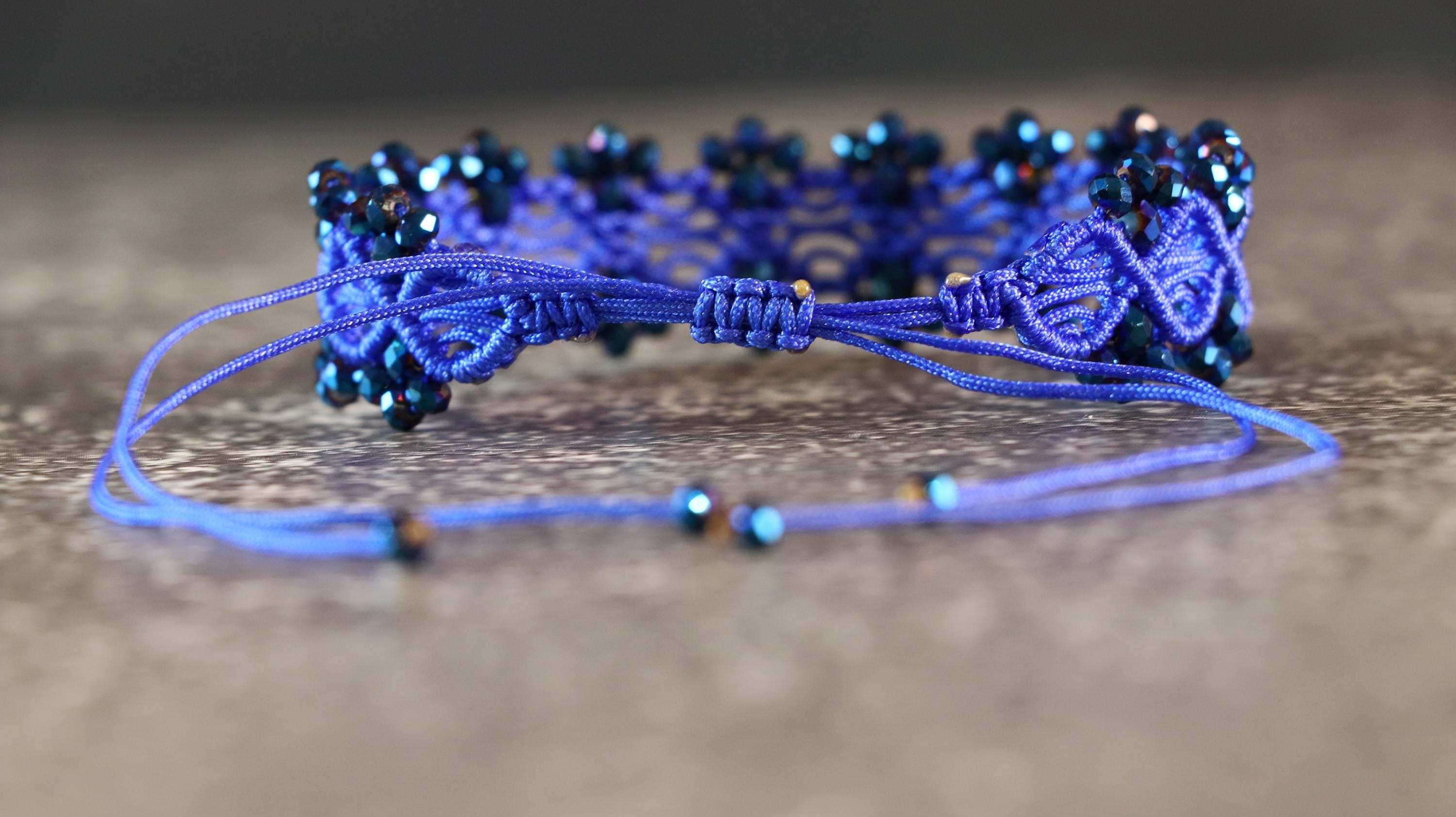 Blue Macrame Bracelet for Women with Dark Blue Crystal Beads