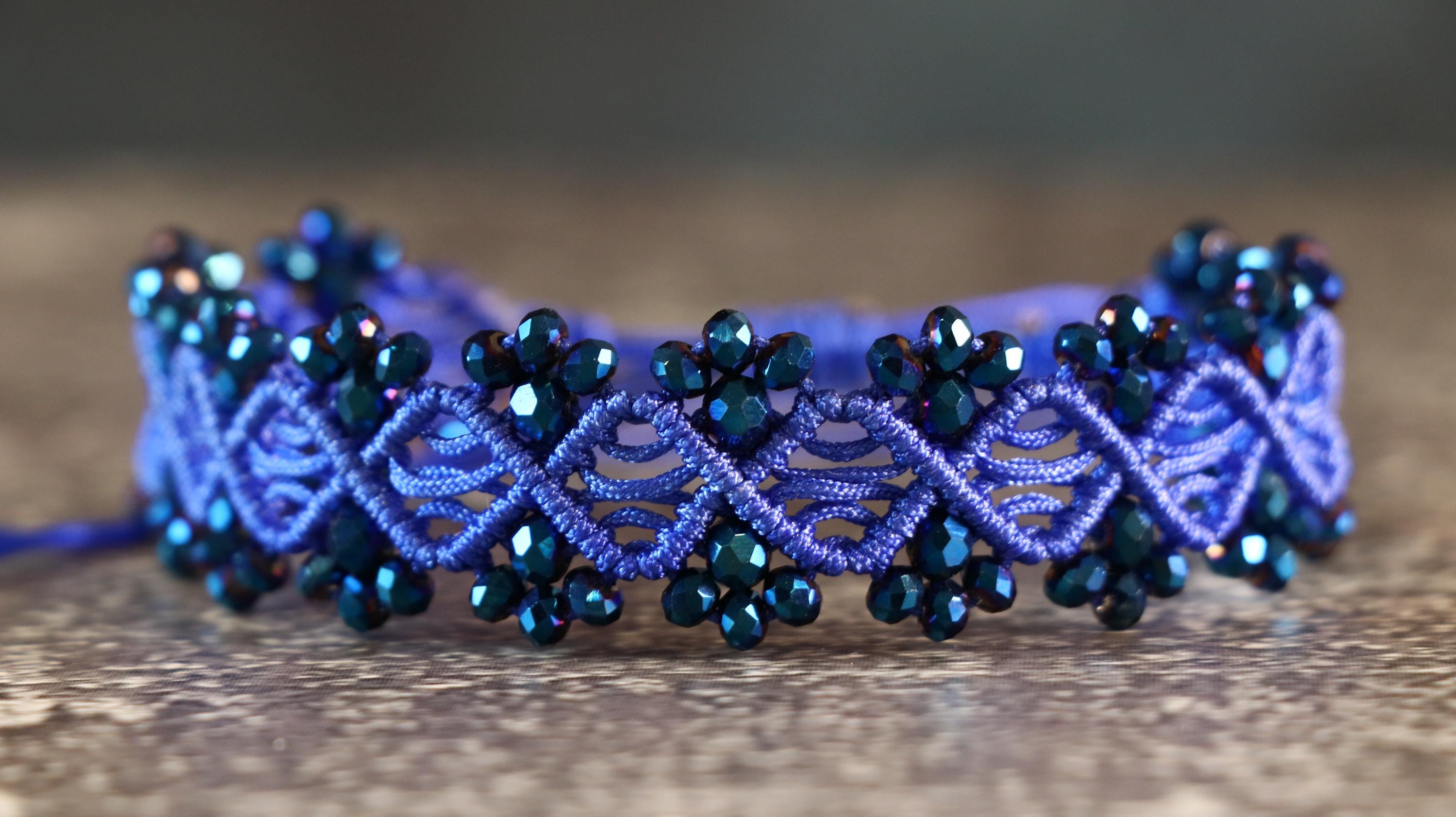 Blue Macrame Bracelet for Women with Dark Blue Crystal Beads