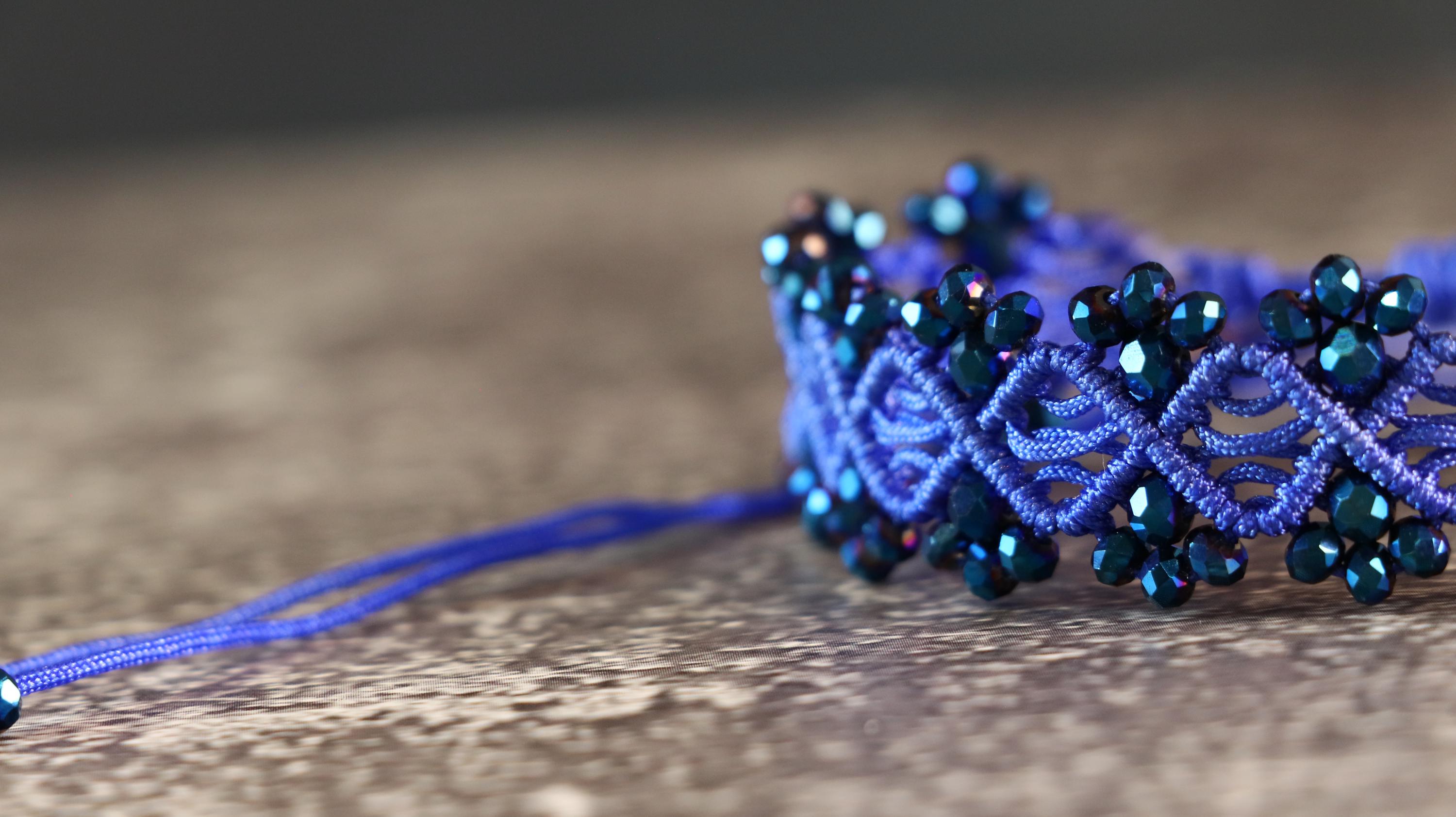 Blue Macrame Bracelet for Women with Dark Blue Crystal Beads