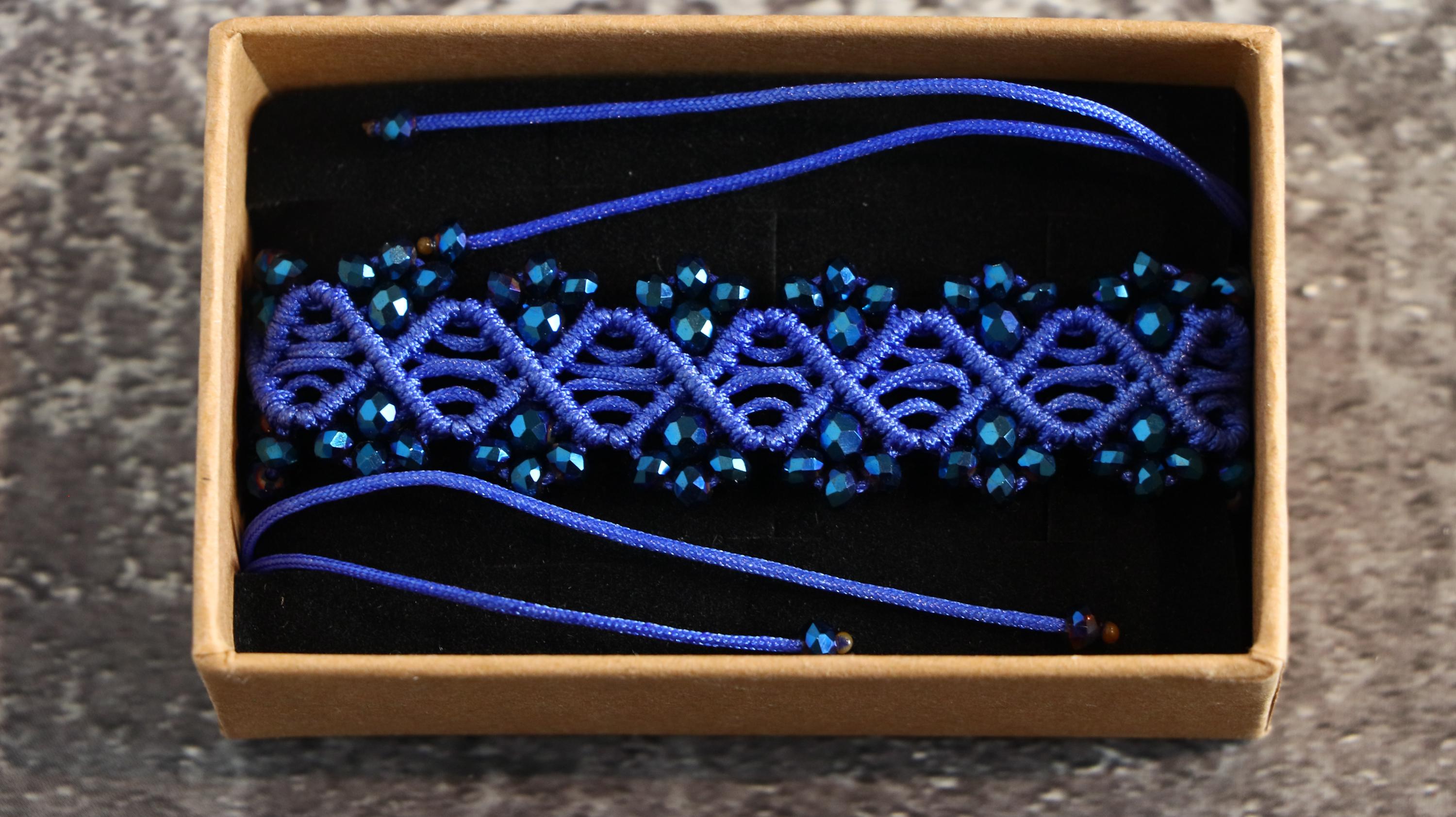 Blue Macrame Bracelet for Women with Dark Blue Crystal Beads