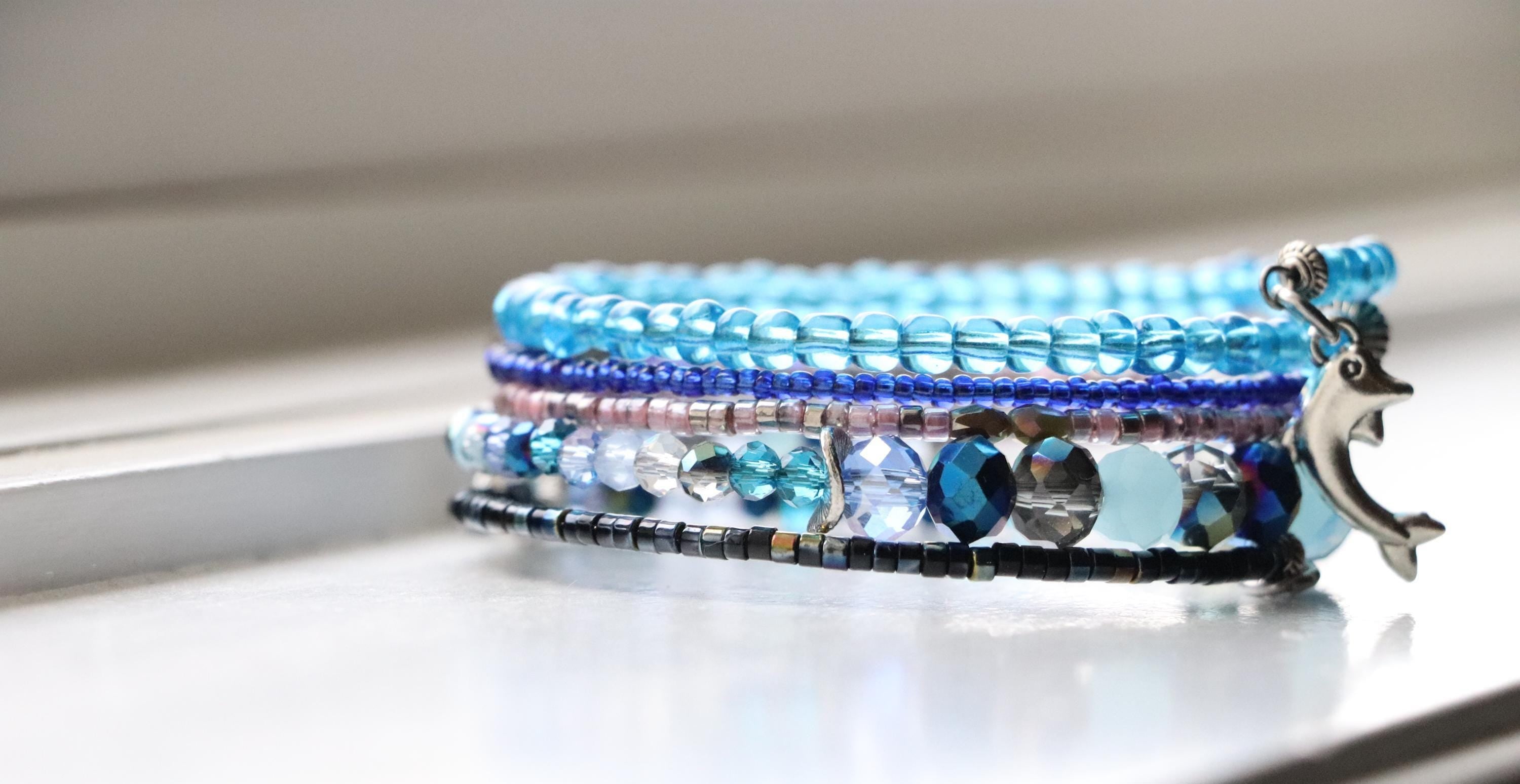 Blue, Pink, and Black Beaded Bracelet – Handmade with Vibrant Seed Beads, Gift for Her