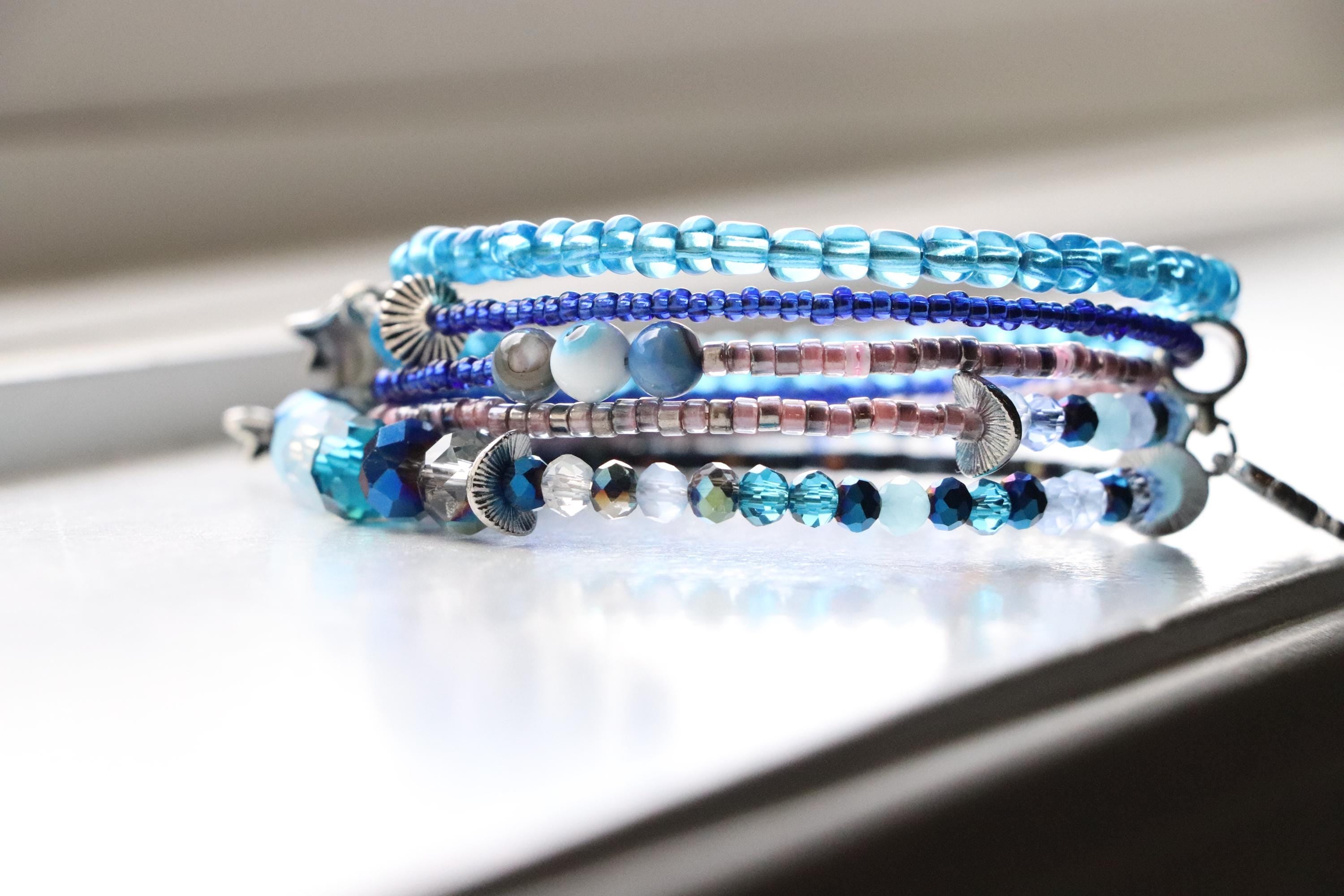 Blue, Pink, and Black Beaded Bracelet – Handmade with Vibrant Seed Beads, Gift for Her