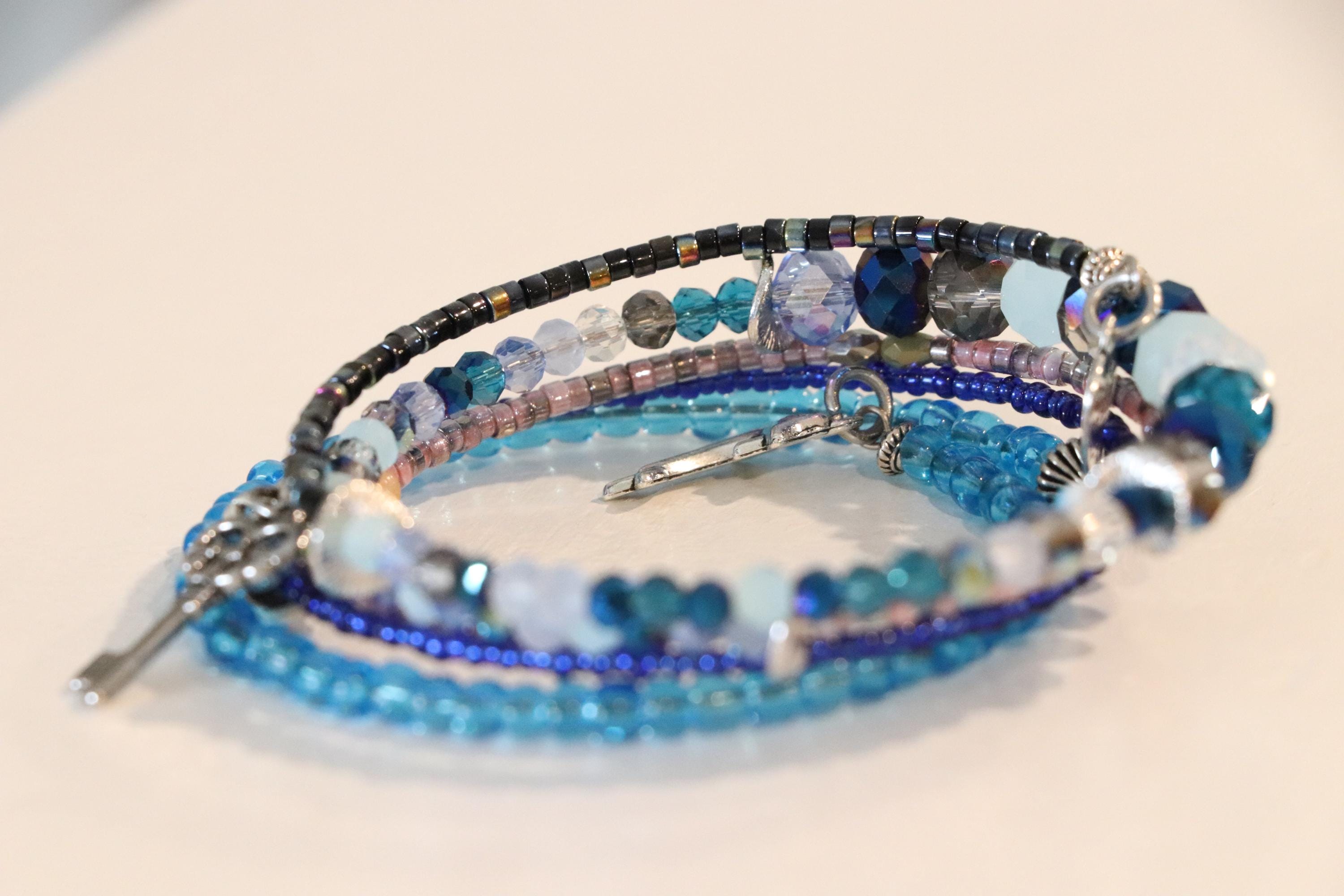 Blue, Pink, and Black Beaded Bracelet – Handmade with Vibrant Seed Beads, Gift for Her