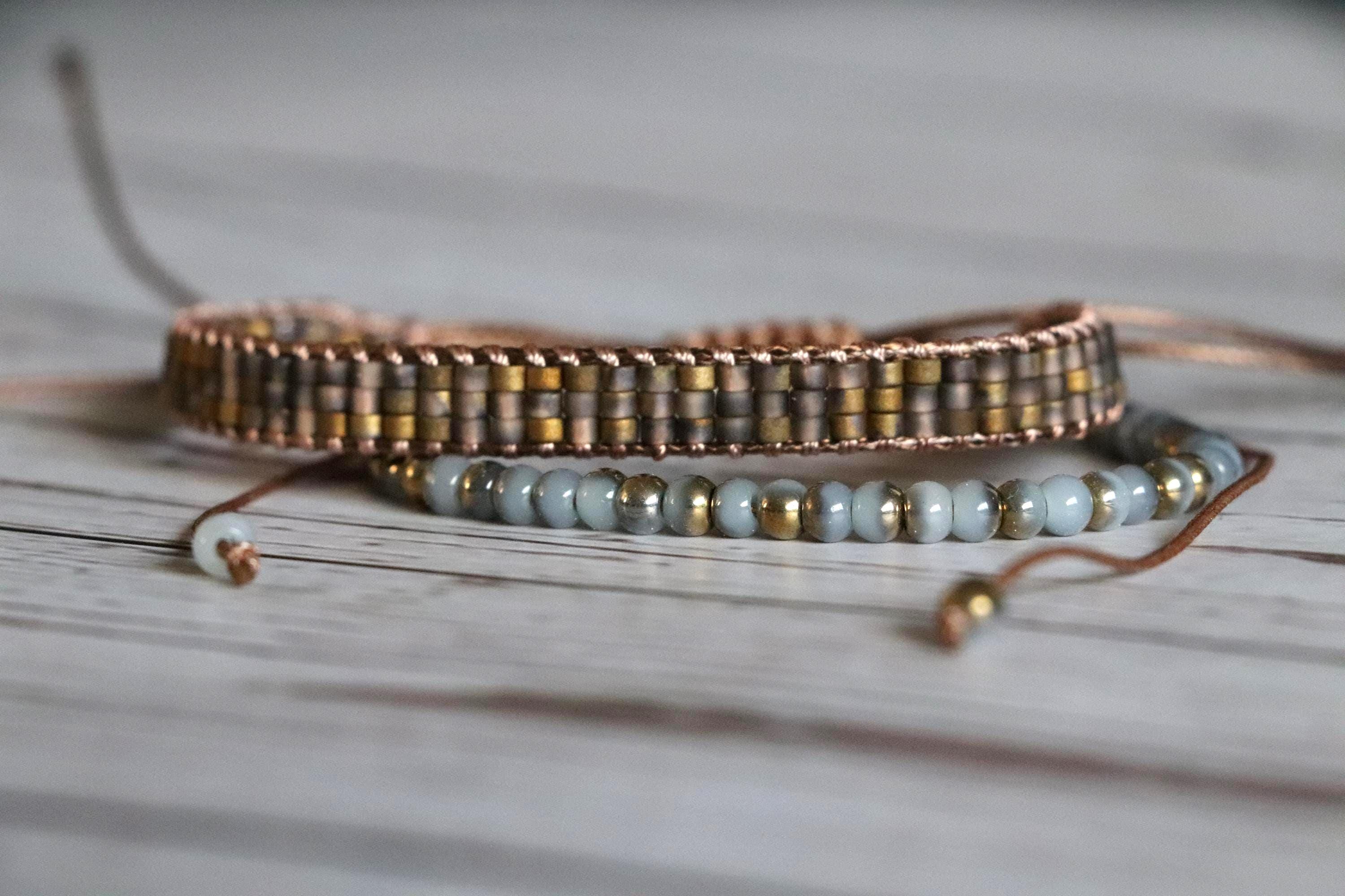 Brown & Light Blue Bracelet Set 05 – Handmade Needlework - Gold Accent Beads – 2-Piece Boho Combo